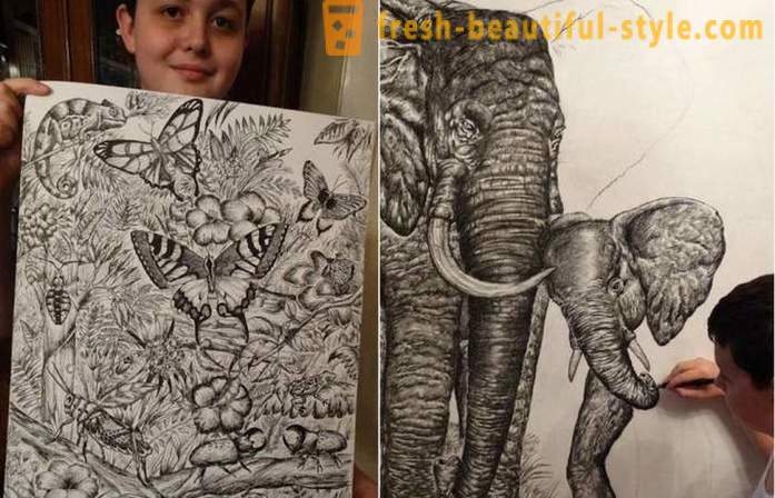 Serbisk teenager trækker portrætter af store dyr med en simpel blyant eller kuglepen